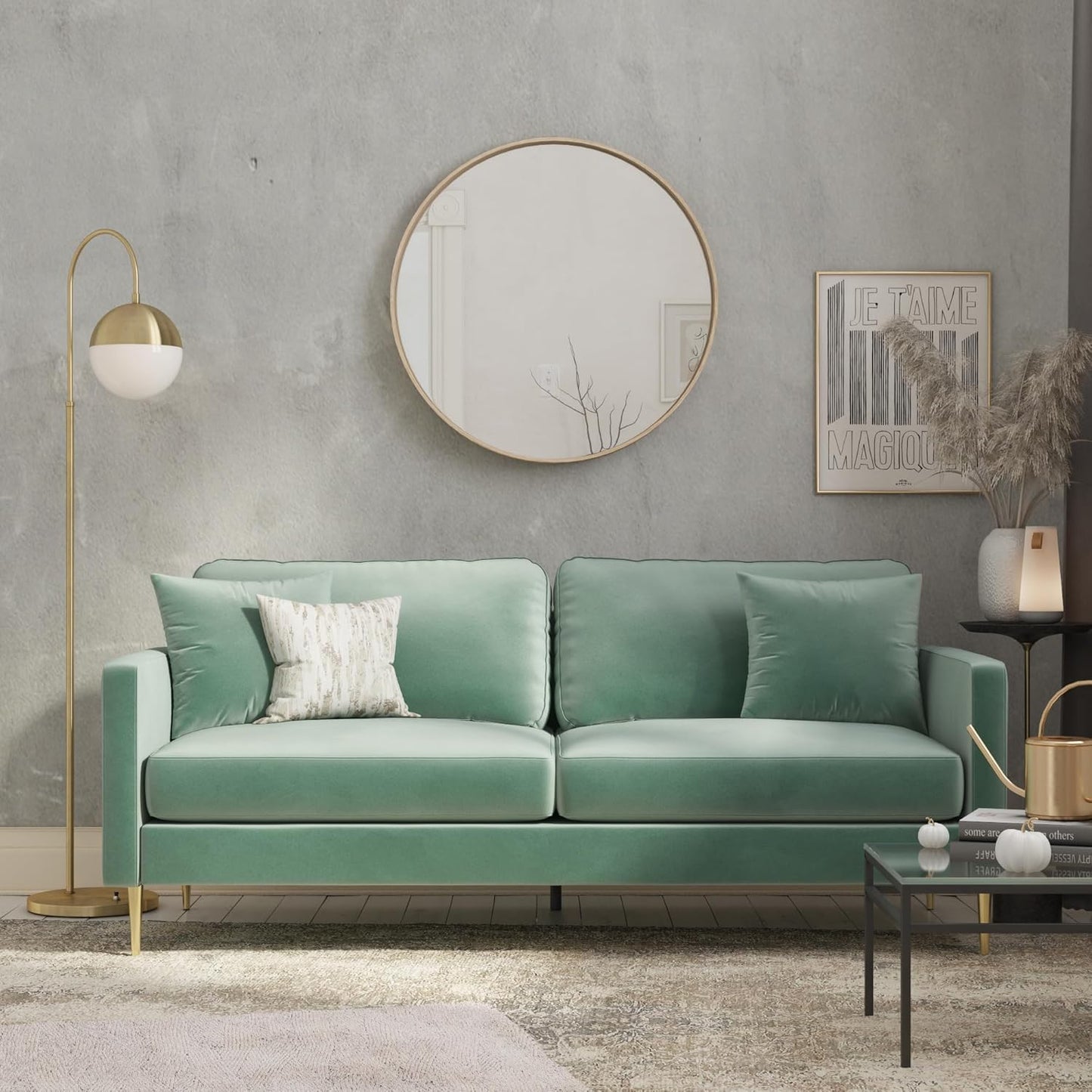 Highland Sofa Couch with Pillows, Green