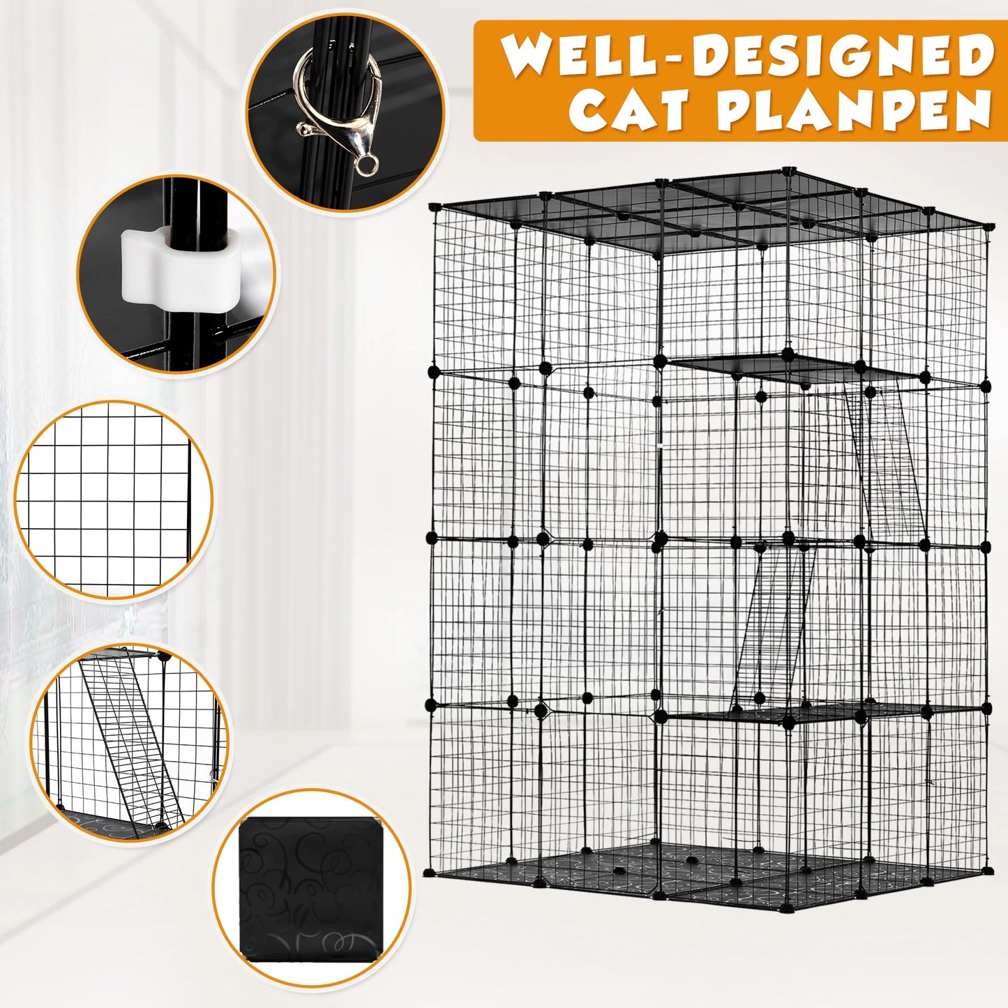72" Large Cat Cage Playpen, DIY Metal Wire Kennels, Pet Cage for Rabbit Small Animal Indoor, Black