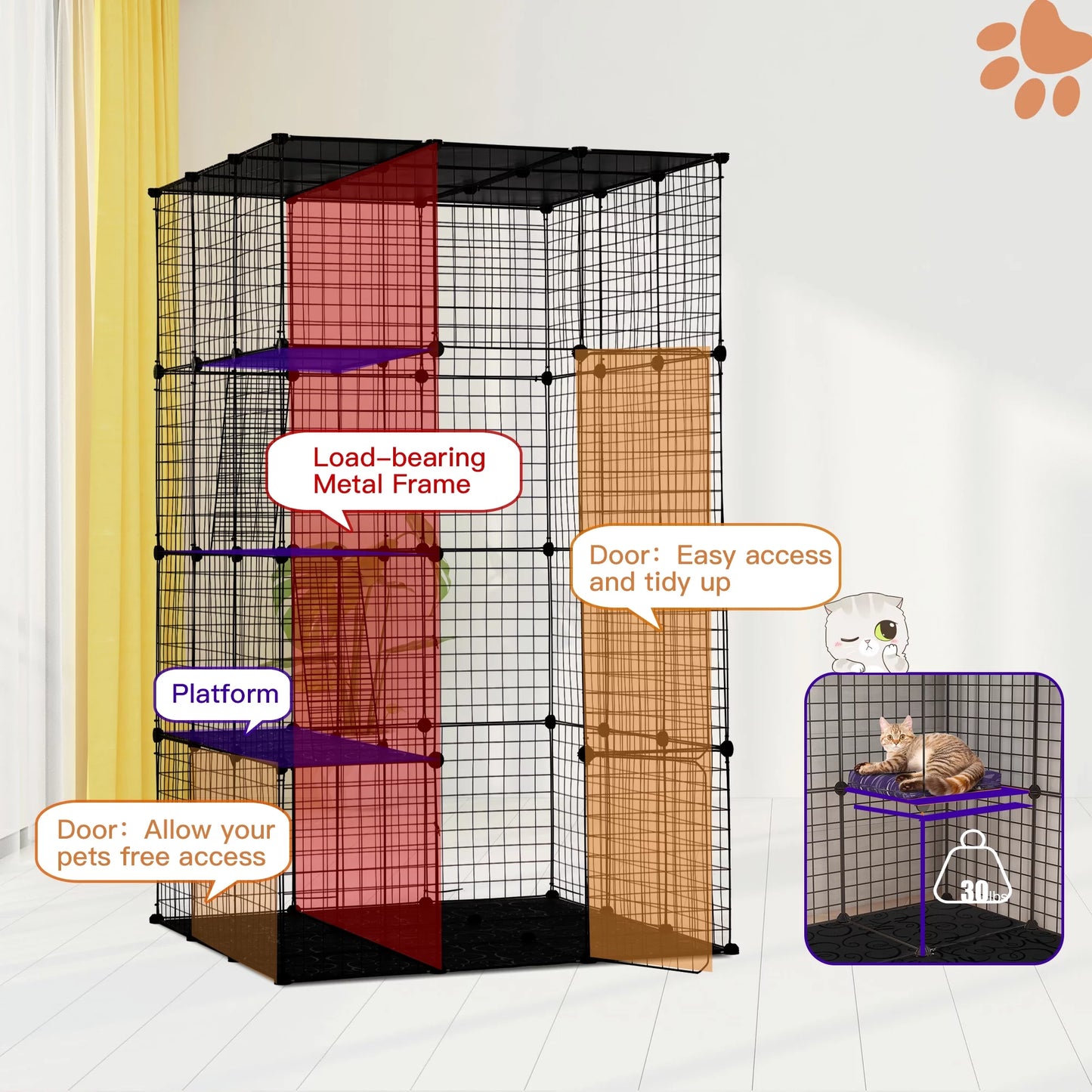 72" Large Cat Cage Playpen, DIY Metal Wire Kennels, Pet Cage for Rabbit Small Animal Indoor, Black