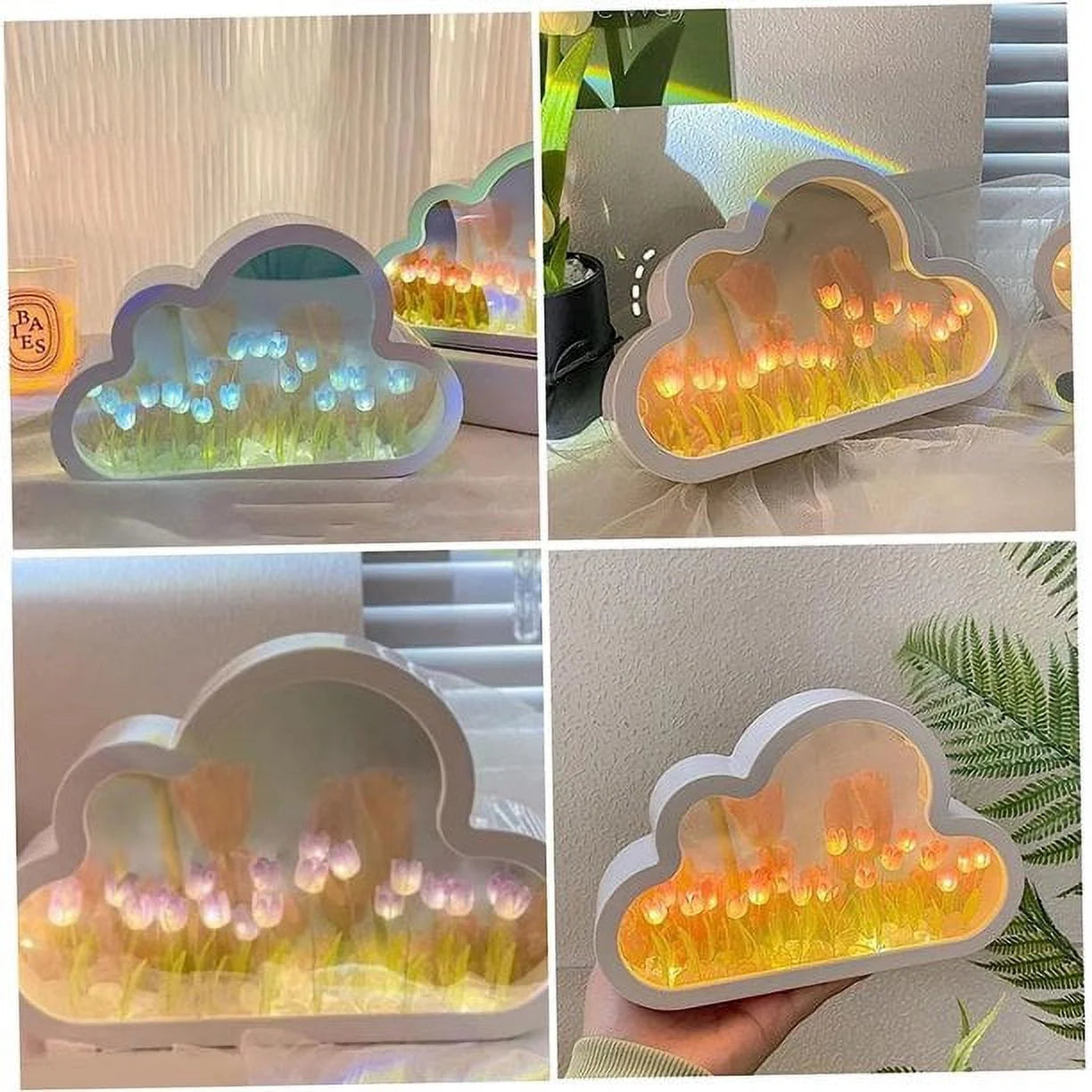 Cloud Tulip Lamp Cloud Tulip Mirror Night Light, Tulip Cloud Desk Lamp - LED Living Room Bedside Desktop Ornaments,Night Light for Bedroom (Blue)