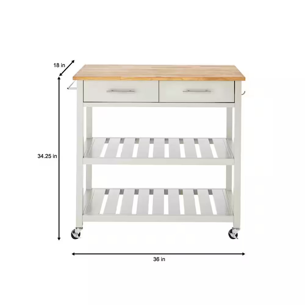 Glenville Grey Rolling Kitchen Cart with Butcher Block Top, Double-Drawer Storage and Open Shelves (36" W)