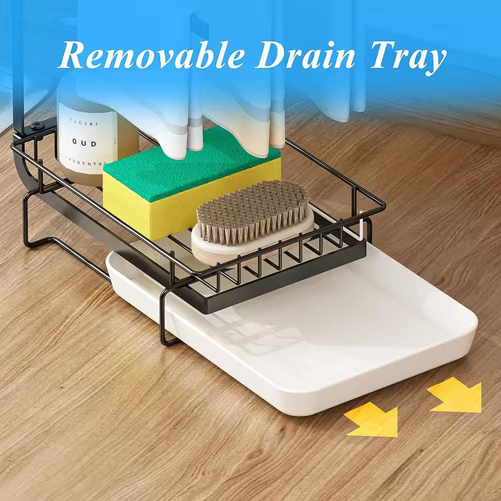 Black Metal Kitchen Sink Sponge Holder with Drainage Tray, Kitchen Sink Storage Container Sponge Brush Soap Tray