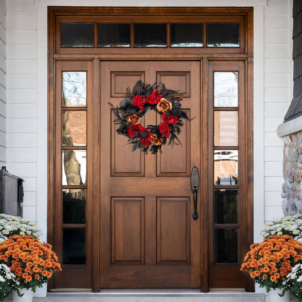 22- Inch Red and Gold Roses with Black Foliage Unlit Halloween Wreath