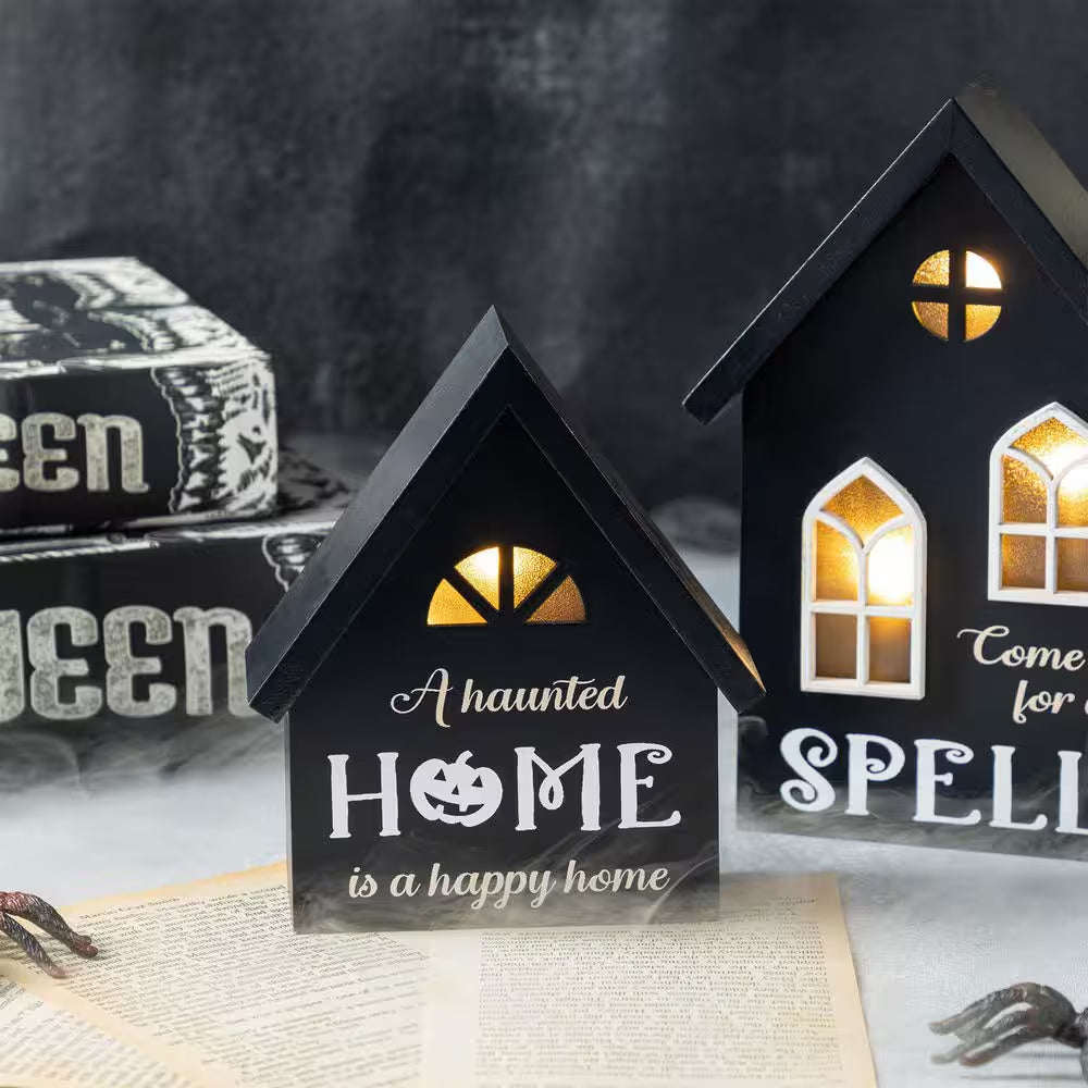8 In. H Lighted Halloween Wooden Hauted House Table Decor (Set of 2)
