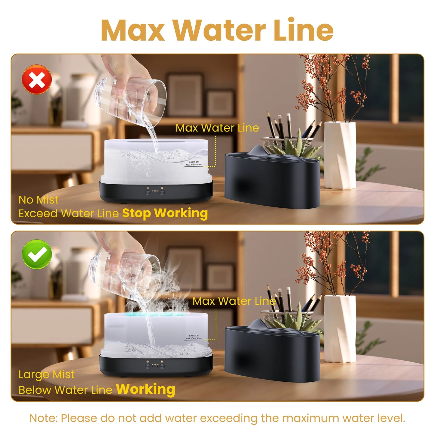 Flame Diffuser Humidifier, 7 Color Essential Oil Diffuser, Time Setting for Home, Room, Black