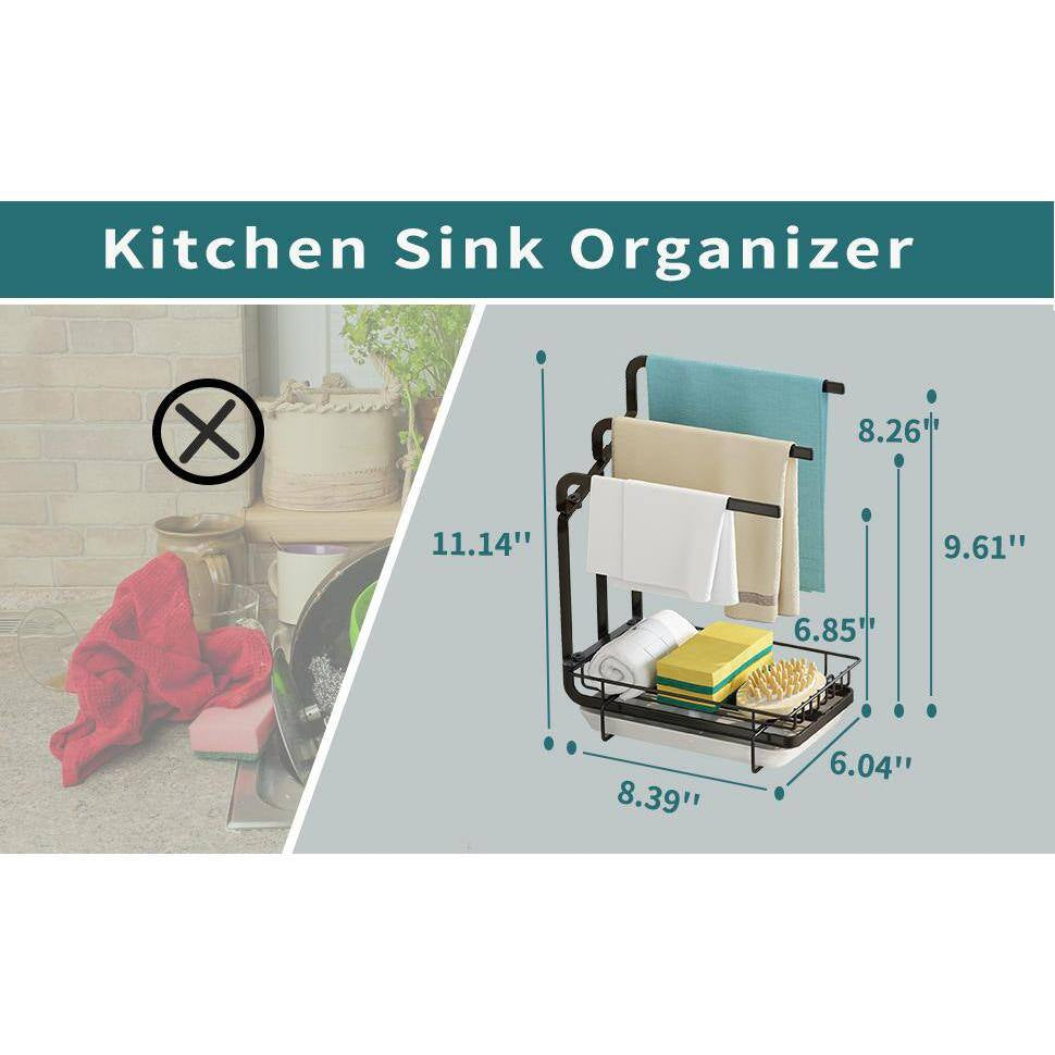 Black Metal Kitchen Sink Sponge Holder with Drainage Tray, Kitchen Sink Storage Container Sponge Brush Soap Tray