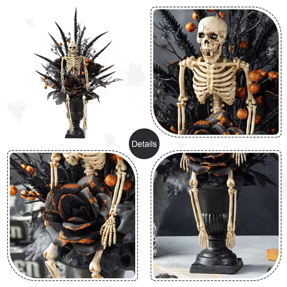 22 In. H Halloween Black Rose, Skeleton and Berry Urn Table Tree