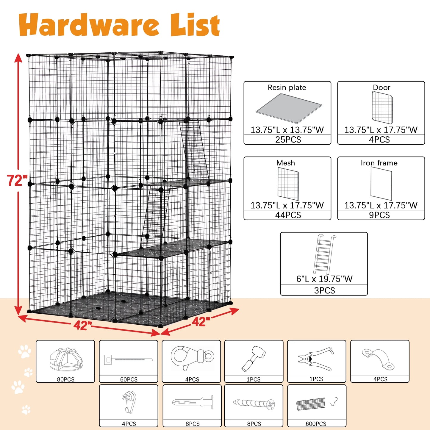 72" Large Cat Cage Playpen, DIY Metal Wire Kennels, Pet Cage for Rabbit Small Animal Indoor, Black
