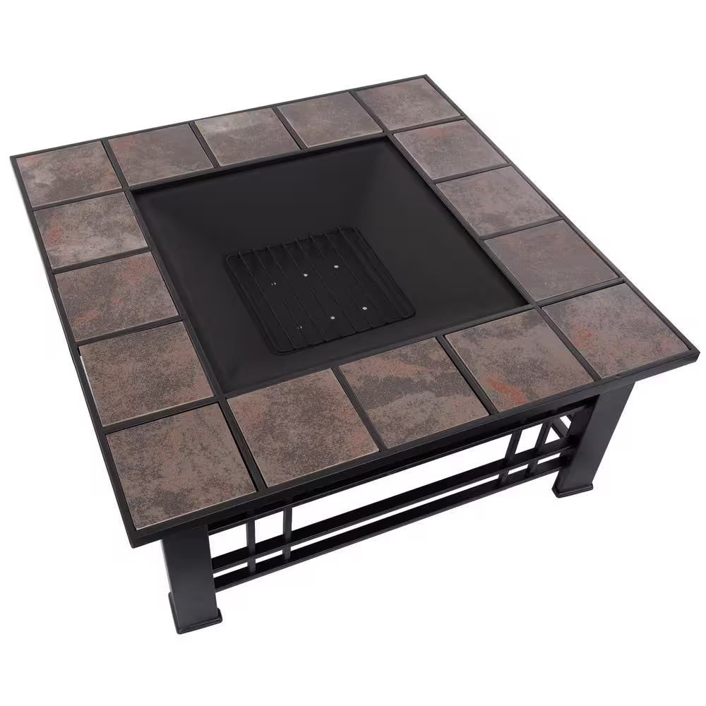 32 In. Steel Square Tile Fire Pit with Spark Screen and Poker