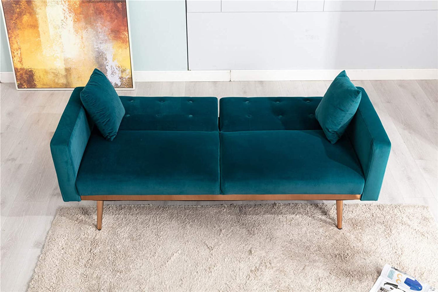 63" Accent Sofa, Mid Century Modern Velvet Fabric Couch, Convertible Futon Sofa Bed ,Recliner Couch Accent Sofa Loveseat Sofa with Gold Metal Feet (Teal)