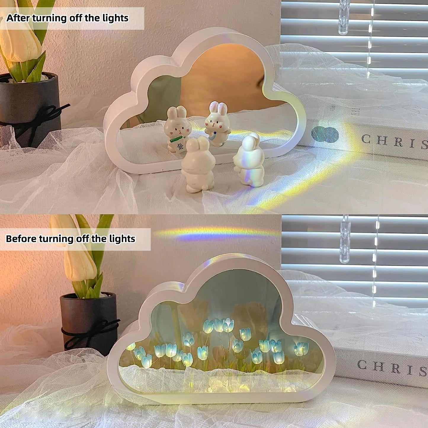 Cloud Tulip Lamp Cloud Tulip Mirror Night Light, Tulip Cloud Desk Lamp - LED Living Room Bedside Desktop Ornaments,Night Light for Bedroom (Blue)