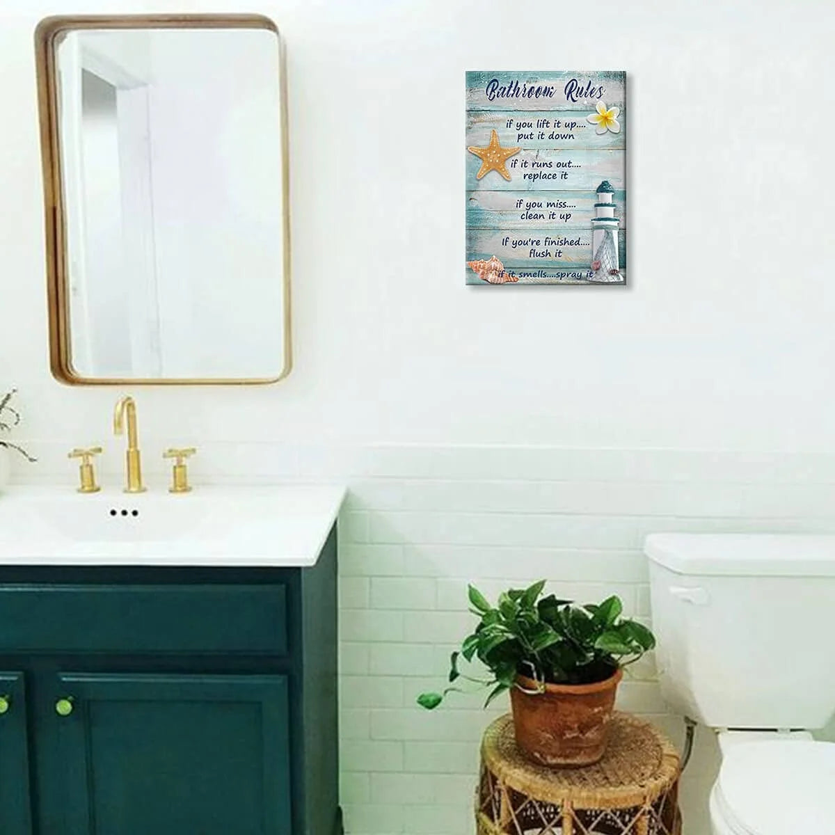 Beach Bathroom Decor Seashells Lighthouse Bathroom Decor Prints Canvas Art Funny Bathroom Sign Wall Decor Rustic Ocean Bathroom Rules Wall Decor Farmhouse Wall Art for Bathroom Framed 12X16Inch