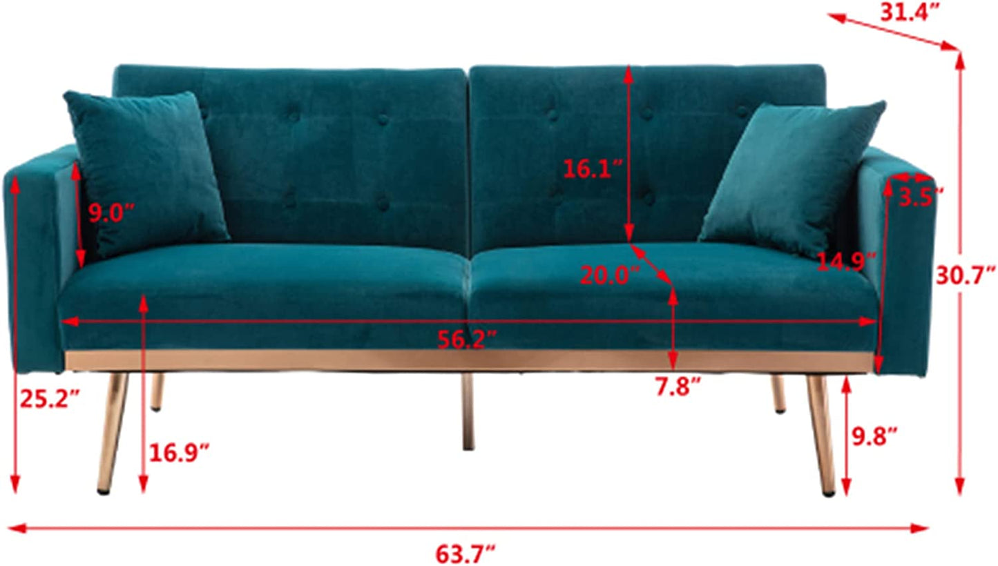 63" Accent Sofa, Mid Century Modern Velvet Fabric Couch, Convertible Futon Sofa Bed ,Recliner Couch Accent Sofa Loveseat Sofa with Gold Metal Feet (Teal)