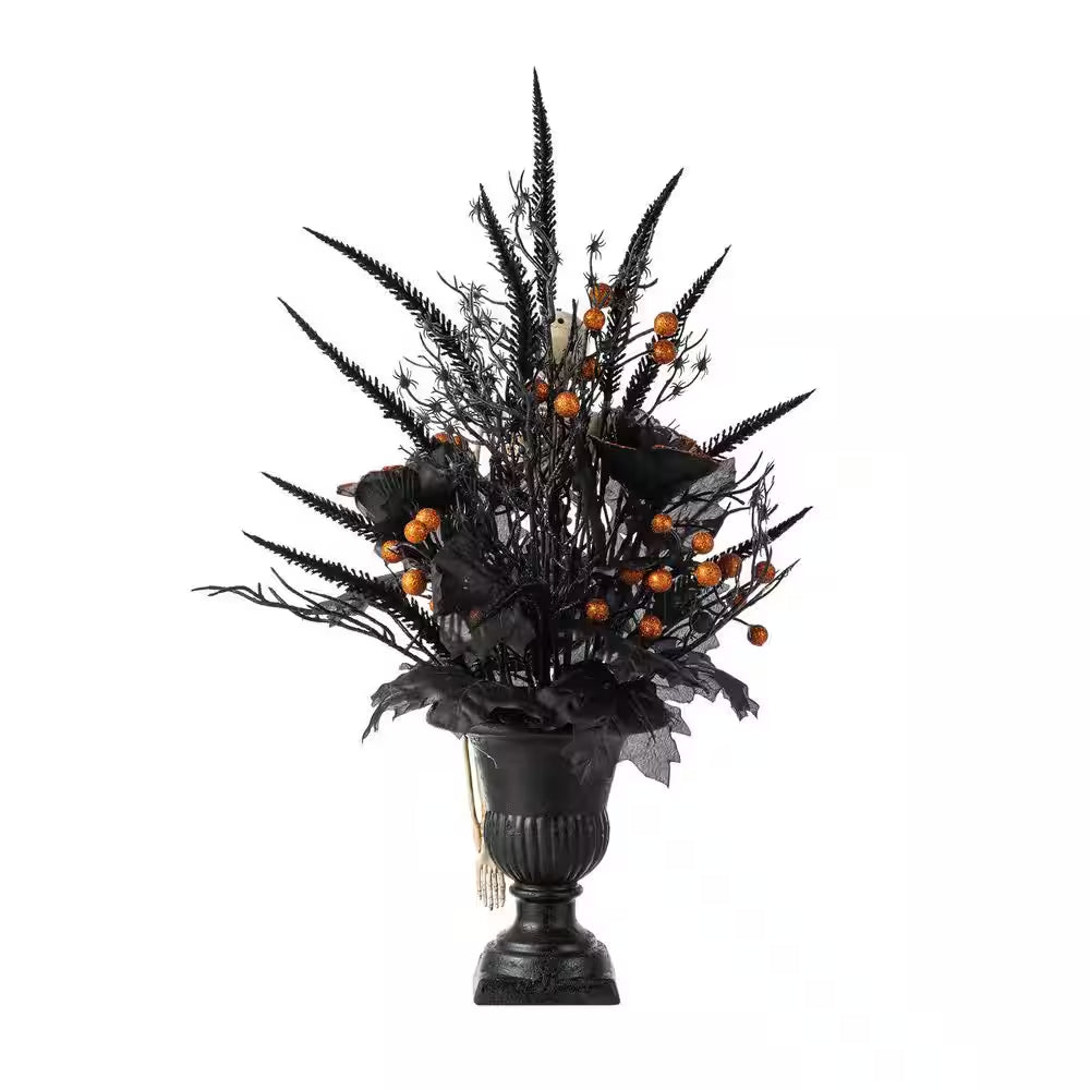 22 In. H Halloween Black Rose, Skeleton and Berry Urn Table Tree