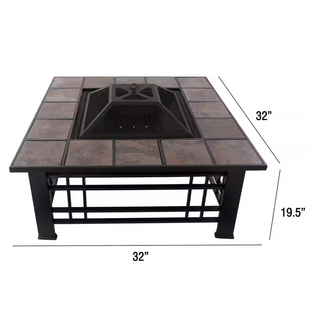 32 In. Steel Square Tile Fire Pit with Spark Screen and Poker
