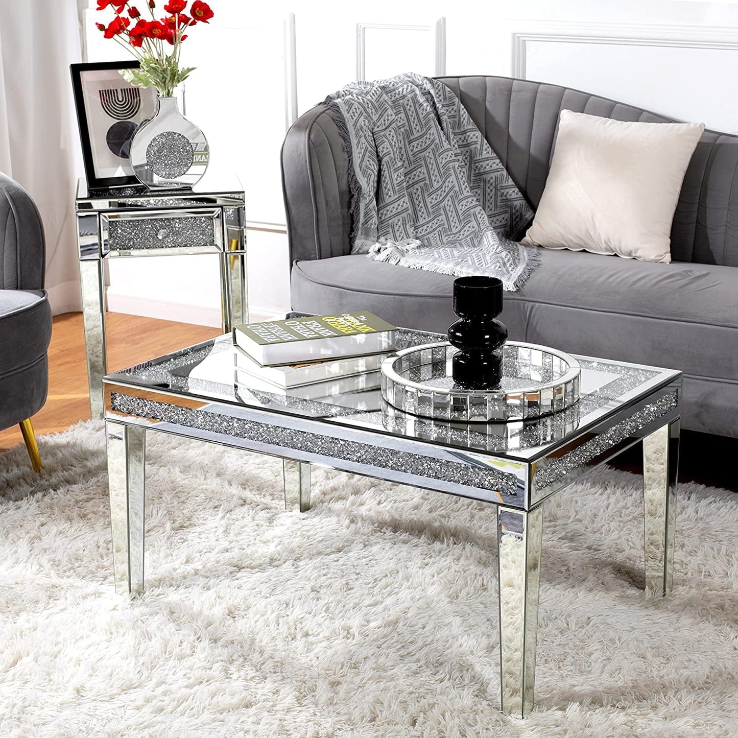 Silver Mirror Coffee Table Contemporary Rectangle Living Room Single Table