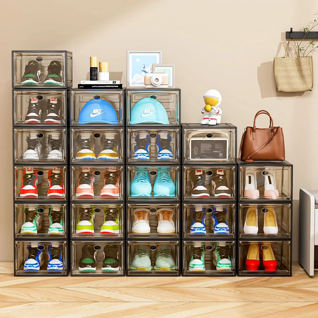 6-Pack Transparent Sturdy Shoe Storage Boxes with Magnetic Front Doors, Stackable Organizer