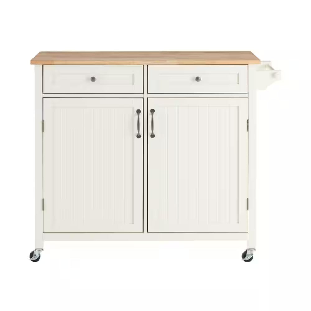 Bainport Ivory with Butcher Block Top Wooden Rolling Kitchen Cart and Double-Drawer Storage (44" W)