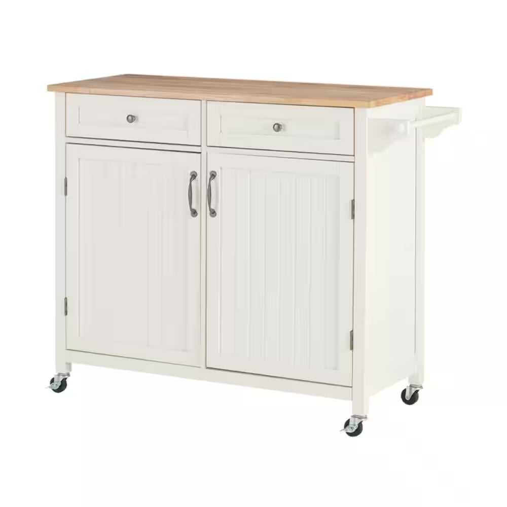 Bainport Ivory with Butcher Block Top Wooden Rolling Kitchen Cart and Double-Drawer Storage (44" W)