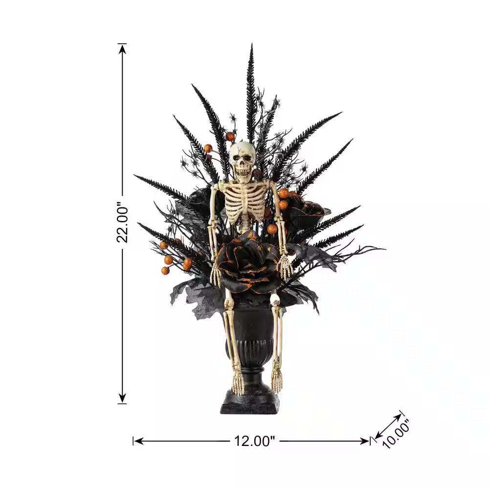 22 In. H Halloween Black Rose, Skeleton and Berry Urn Table Tree