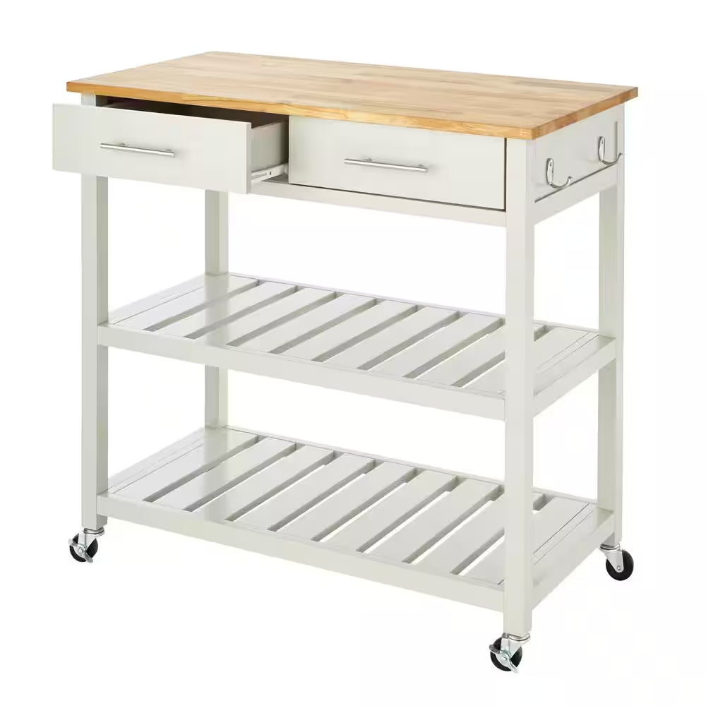 Glenville Grey Rolling Kitchen Cart with Butcher Block Top, Double-Drawer Storage and Open Shelves (36" W)