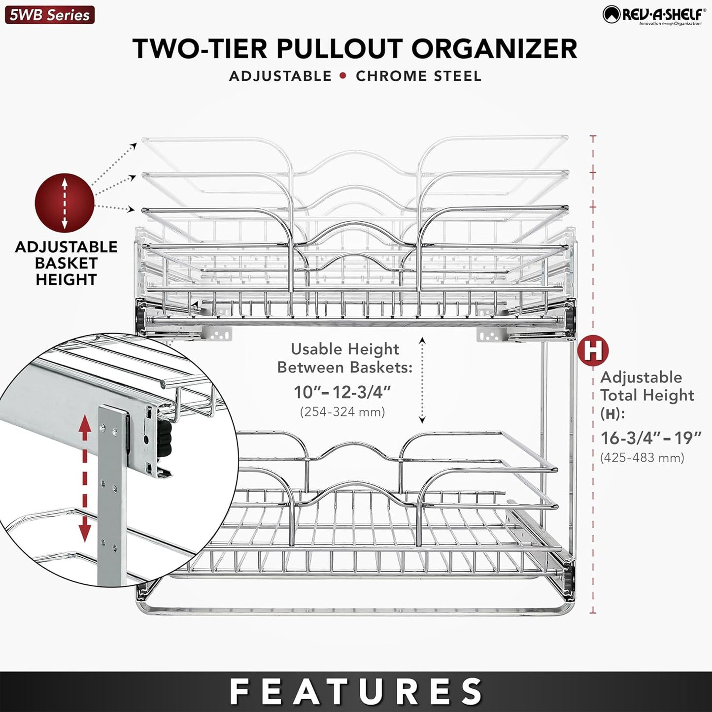 2-Tier Kitchen Cabinet Pullout Shelf and Drawer Organizer Slide Out Pantry Storage Basket in Multiple Sizes, 18 X 22 In, 5WB2-1822CR-1