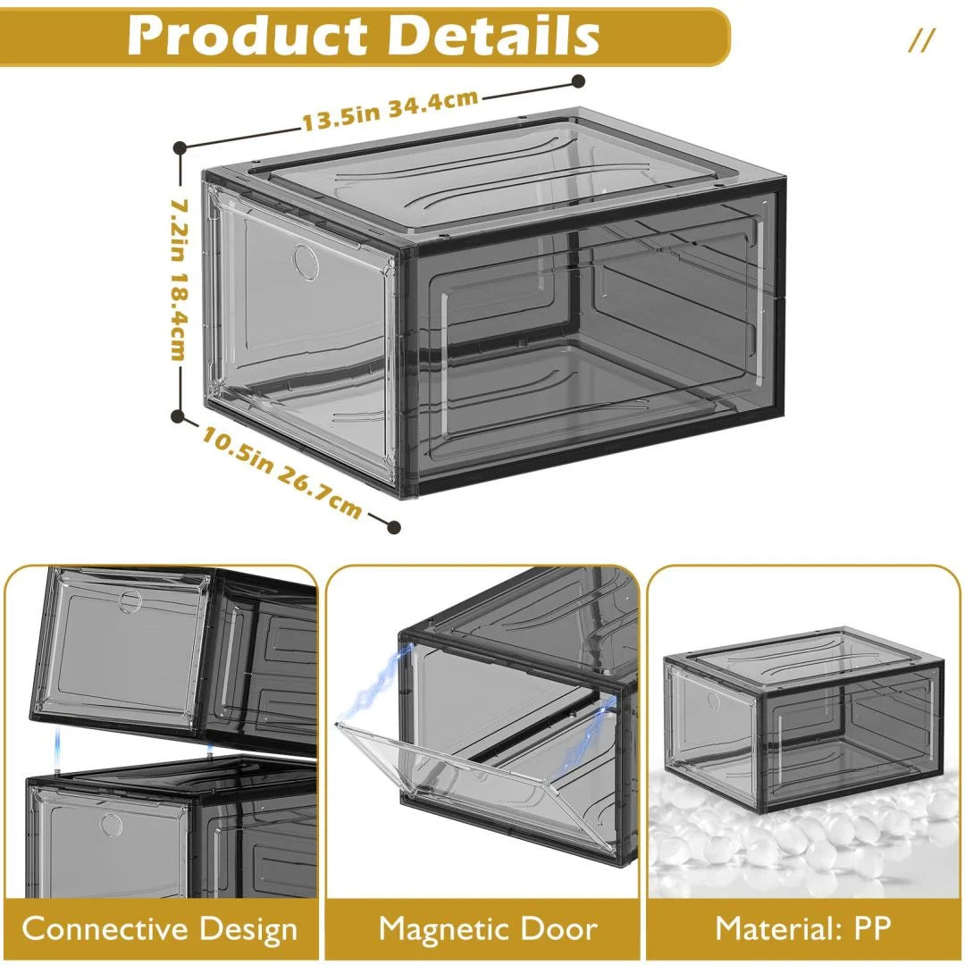 6-Pack Transparent Sturdy Shoe Storage Boxes with Magnetic Front Doors, Stackable Organizer