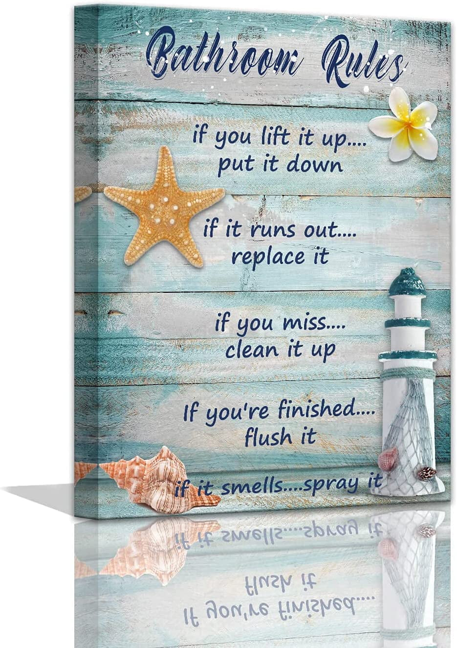Beach Bathroom Decor Seashells Lighthouse Bathroom Decor Prints Canvas Art Funny Bathroom Sign Wall Decor Rustic Ocean Bathroom Rules Wall Decor Farmhouse Wall Art for Bathroom Framed 12X16Inch