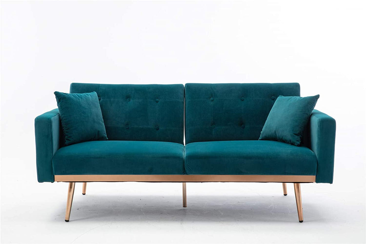63" Accent Sofa, Mid Century Modern Velvet Fabric Couch, Convertible Futon Sofa Bed ,Recliner Couch Accent Sofa Loveseat Sofa with Gold Metal Feet (Teal)