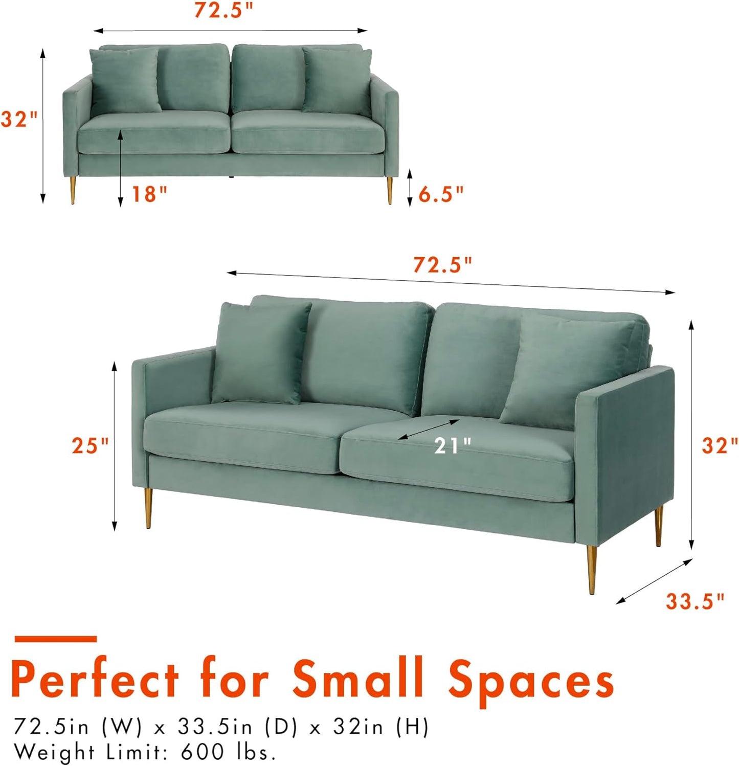 Highland Sofa Couch with Pillows, Green