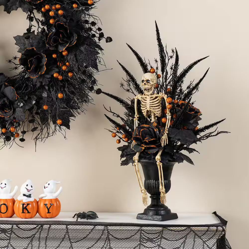 22 In. H Halloween Black Rose, Skeleton and Berry Urn Table Tree