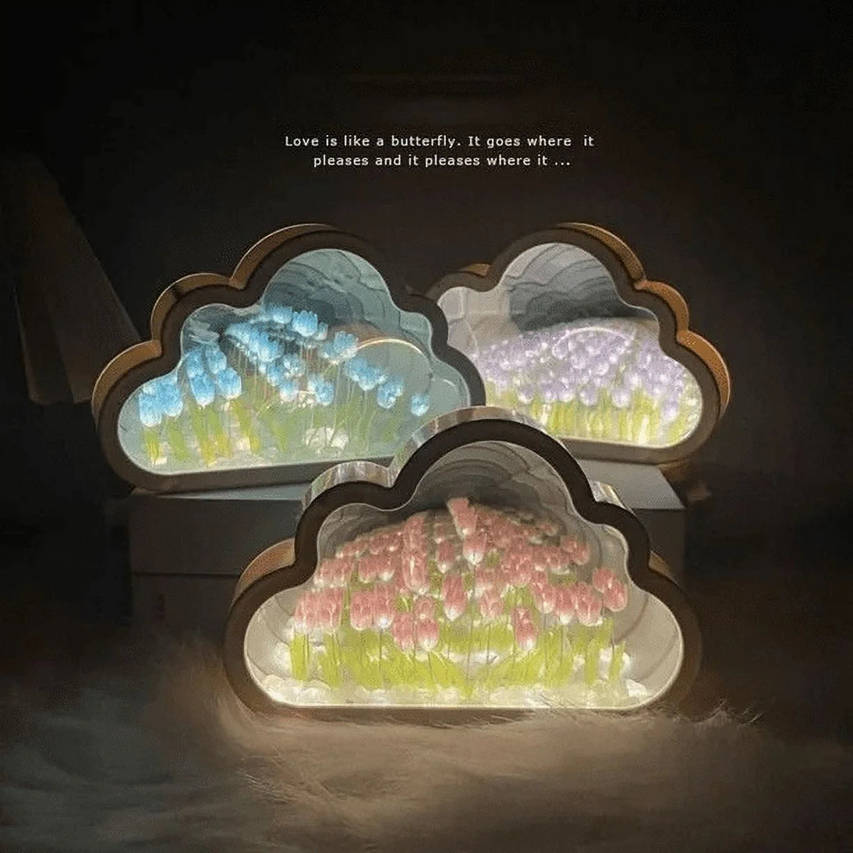 Cloud Tulip Lamp Cloud Tulip Mirror Night Light, Tulip Cloud Desk Lamp - LED Living Room Bedside Desktop Ornaments,Night Light for Bedroom (Blue)