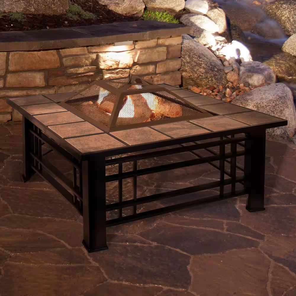 32 In. Steel Square Tile Fire Pit with Spark Screen and Poker