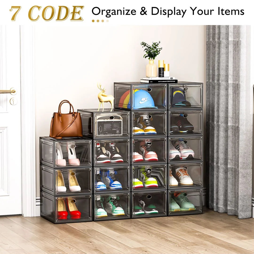 6-Pack Transparent Sturdy Shoe Storage Boxes with Magnetic Front Doors, Stackable Organizer