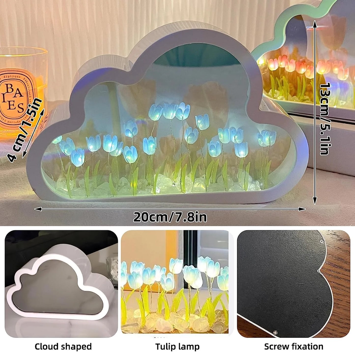 Cloud Tulip Lamp Cloud Tulip Mirror Night Light, Tulip Cloud Desk Lamp - LED Living Room Bedside Desktop Ornaments,Night Light for Bedroom (Blue)