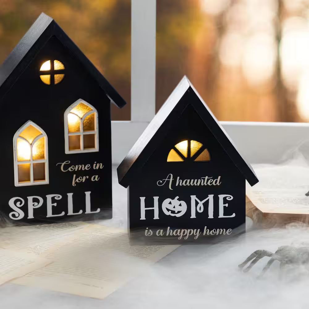 8 In. H Lighted Halloween Wooden Hauted House Table Decor (Set of 2)