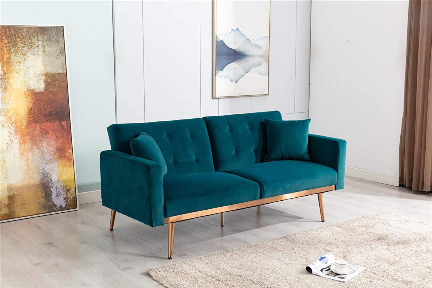 63" Accent Sofa, Mid Century Modern Velvet Fabric Couch, Convertible Futon Sofa Bed ,Recliner Couch Accent Sofa Loveseat Sofa with Gold Metal Feet (Teal)