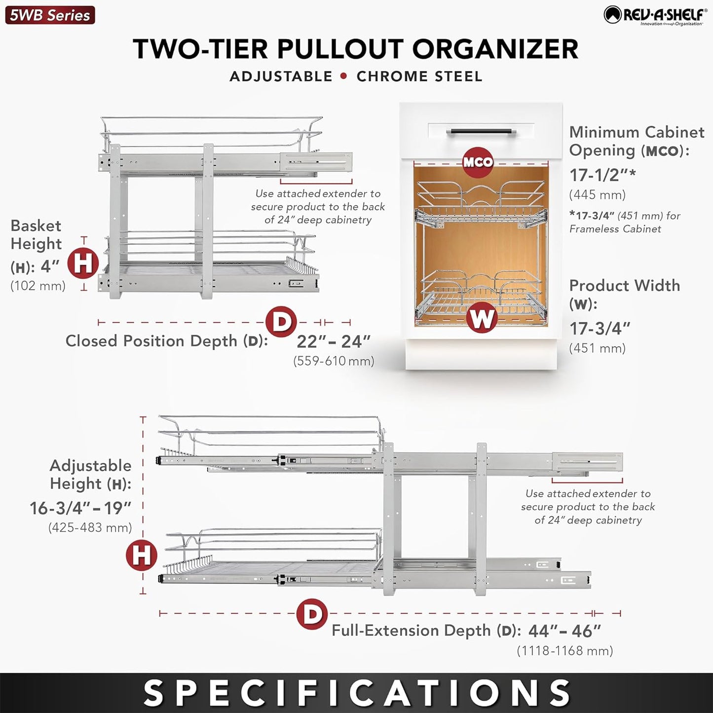2-Tier Kitchen Cabinet Pullout Shelf and Drawer Organizer Slide Out Pantry Storage Basket in Multiple Sizes, 18 X 22 In, 5WB2-1822CR-1