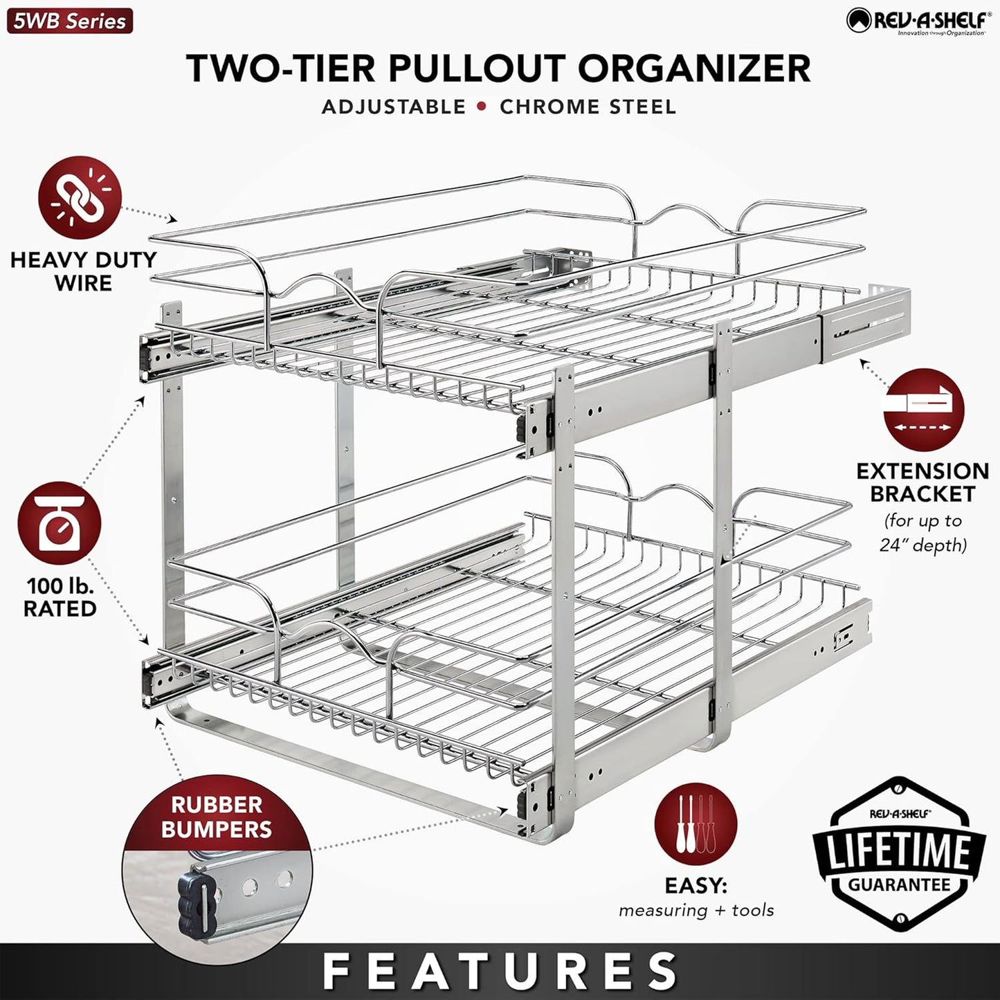 2-Tier Kitchen Cabinet Pullout Shelf and Drawer Organizer Slide Out Pantry Storage Basket in Multiple Sizes, 18 X 22 In, 5WB2-1822CR-1