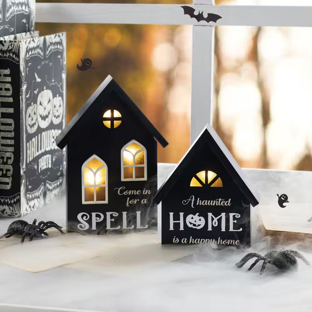 8 In. H Lighted Halloween Wooden Hauted House Table Decor (Set of 2)