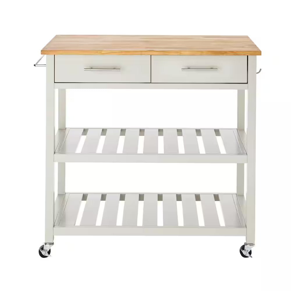 Glenville Grey Rolling Kitchen Cart with Butcher Block Top, Double-Drawer Storage and Open Shelves (36" W)