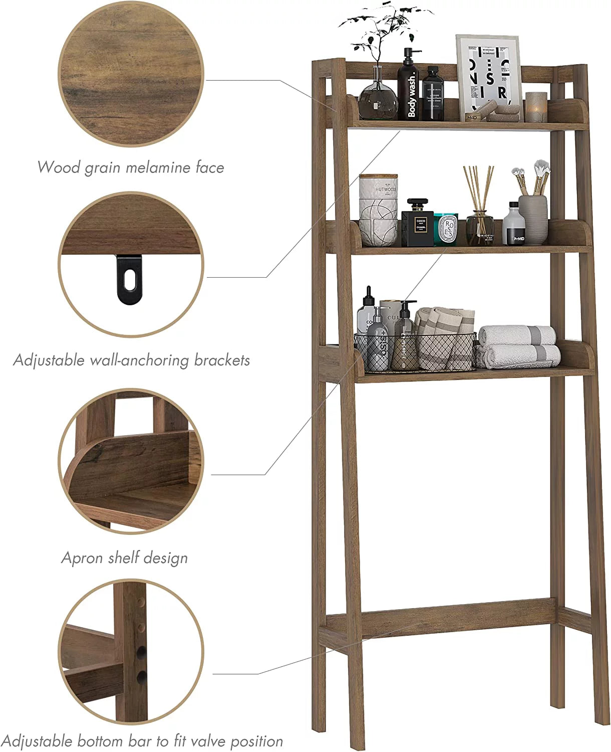 3-Shelf Bathroom Organizer over the Toilet, Bathroom Space Saver, Bathroom Shelf, Wood Grain