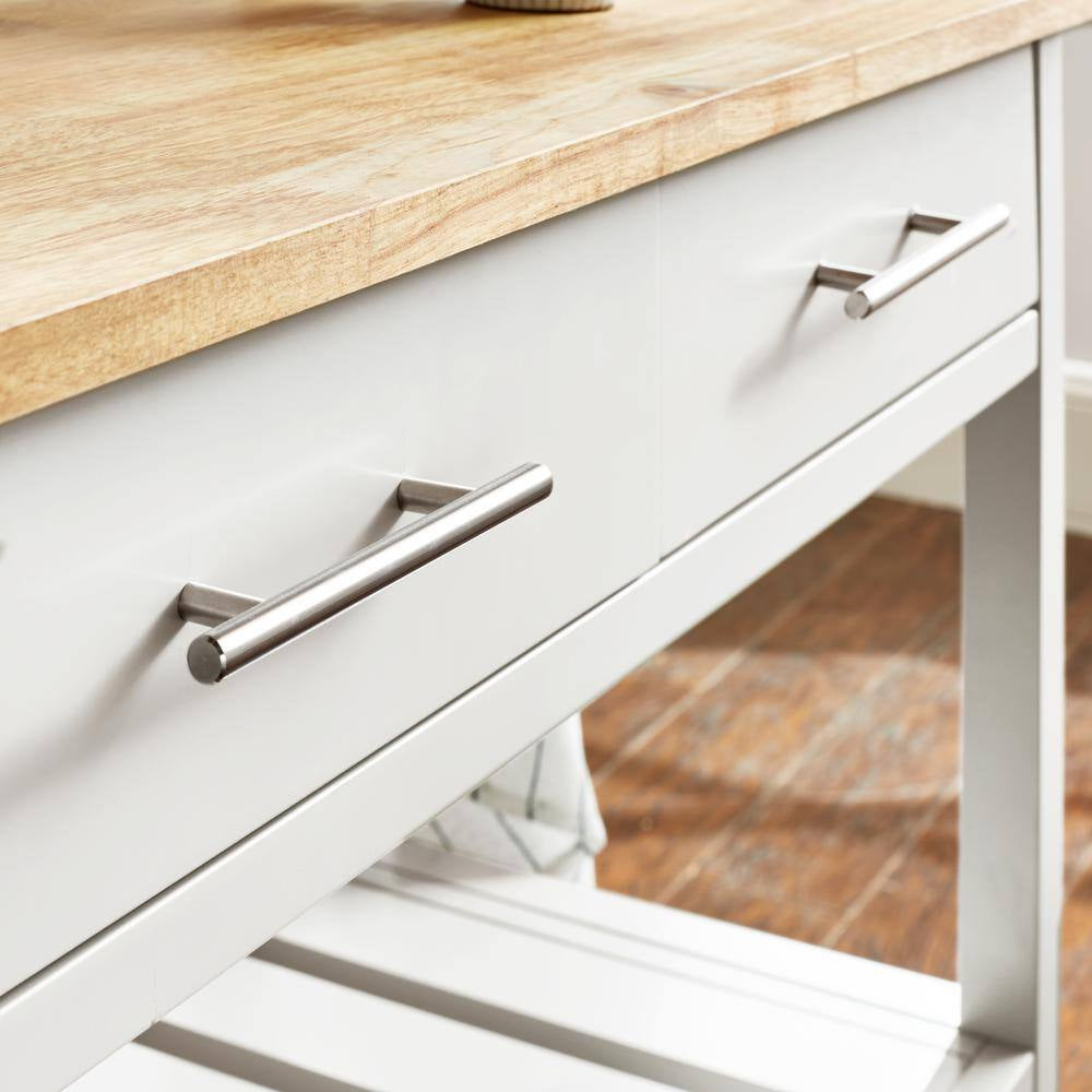 Glenville Grey Rolling Kitchen Cart with Butcher Block Top, Double-Drawer Storage and Open Shelves (36" W)