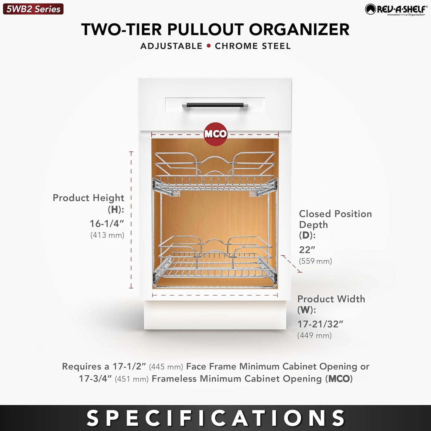 2-Tier Kitchen Cabinet Pullout Shelf and Drawer Organizer Slide Out Pantry Storage Basket in Multiple Sizes, 18 X 22 In, 5WB2-1822CR-1