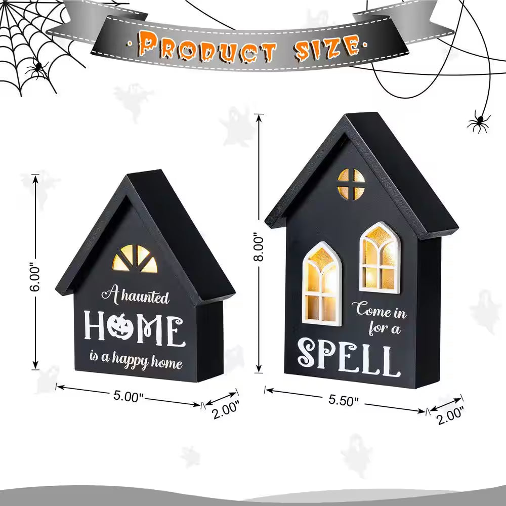8 In. H Lighted Halloween Wooden Hauted House Table Decor (Set of 2)
