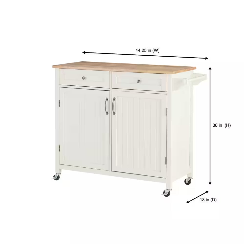 Bainport Ivory with Butcher Block Top Wooden Rolling Kitchen Cart and Double-Drawer Storage (44" W)