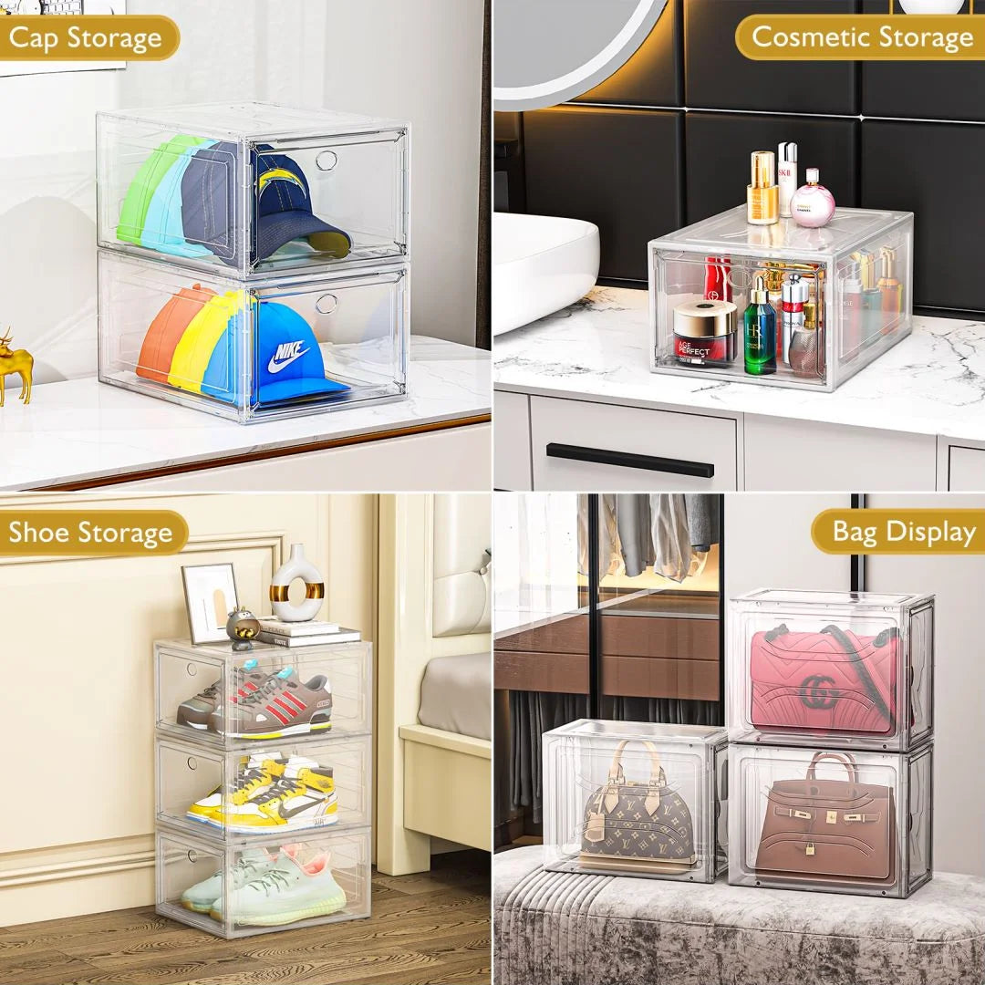 6-Pack Transparent Sturdy Shoe Storage Boxes with Magnetic Front Doors, Stackable Organizer