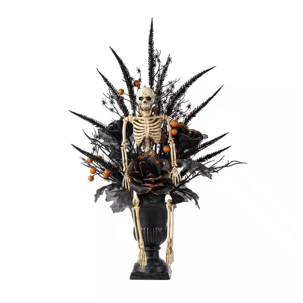 22 In. H Halloween Black Rose, Skeleton and Berry Urn Table Tree