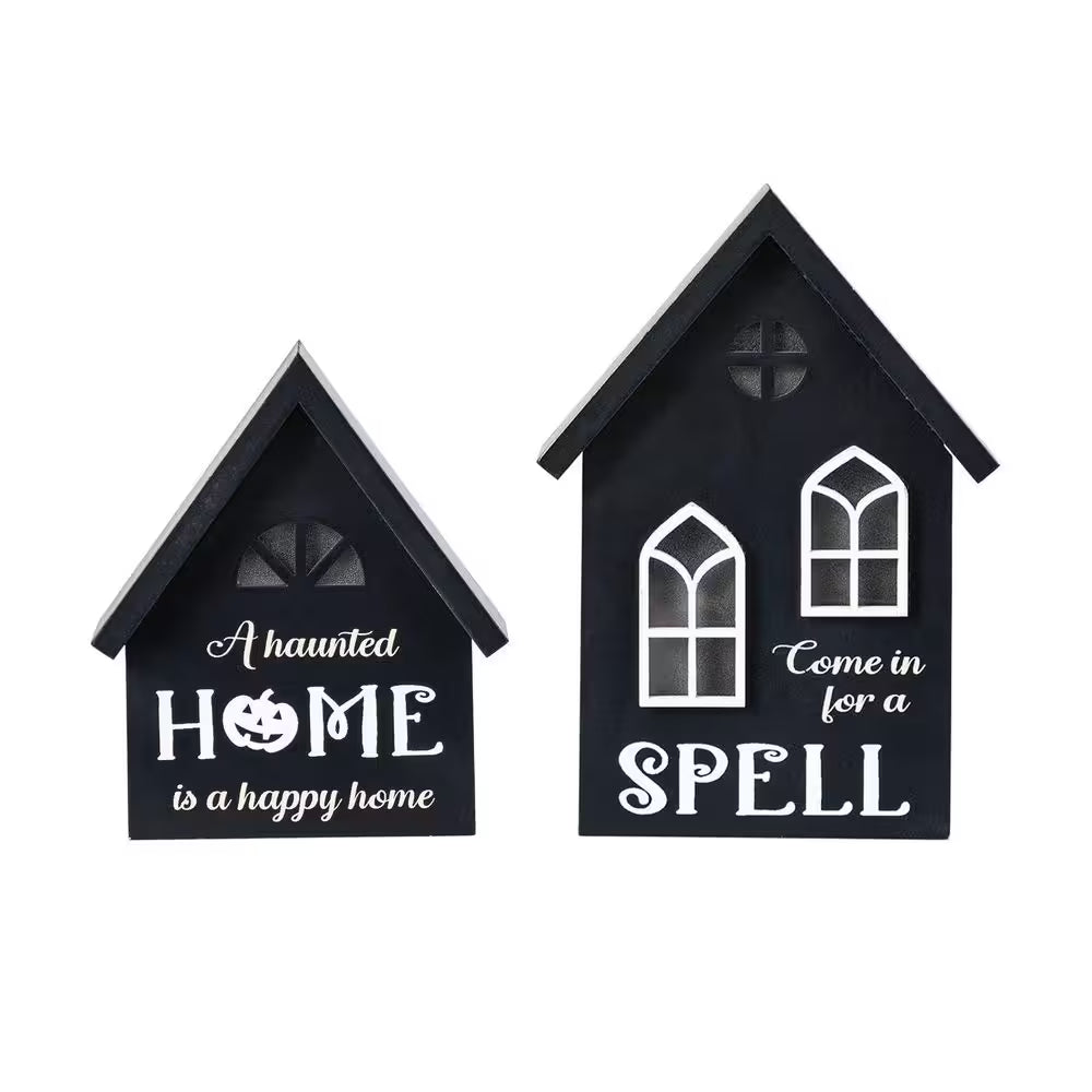 8 In. H Lighted Halloween Wooden Hauted House Table Decor (Set of 2)