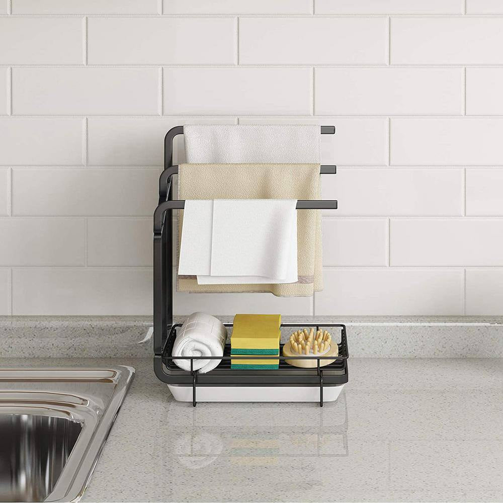 Black Metal Kitchen Sink Sponge Holder with Drainage Tray, Kitchen Sink Storage Container Sponge Brush Soap Tray